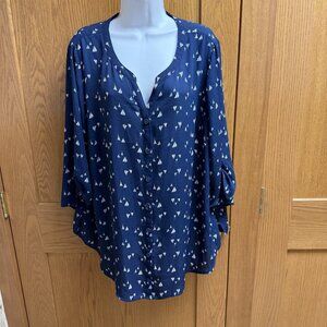 Catherines Navy Blue Sailboat Print 3/4 Tab Sleeves Top Blouse - 1X 18 / 20W